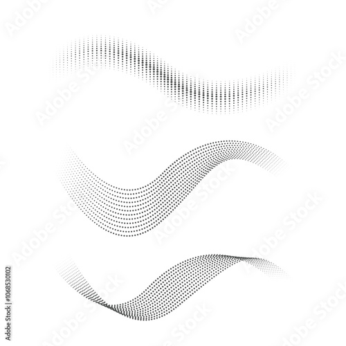 Set of dotted curved abstract shapes. flowing dots particles wave pattern. dotted halftone waves. halftone graphic dots waves. wave effect dotted line. moving dots waves set