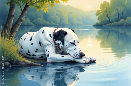 A romantic Dalmatian sleeping by the lake, the reflection in the water creates magical patterns. Print, wallpaper, screensaver, wallpaper, illustration, fabulous picture photo