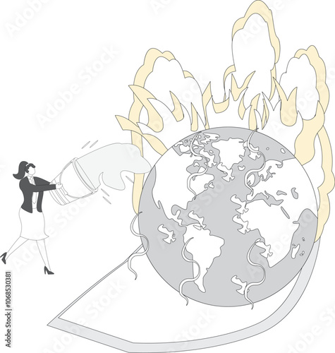 Businesswoman pouring bucket of water to extinguish forest fire on Earth