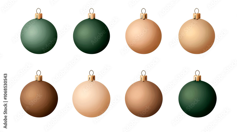 Eight decorative Christmas ornaments in various shades of green and skin tones arranged in two rows, showcasing a modern and diverse holiday aesthetic. Eight decorative Christmas ornaments in various shades of green and skin tones arranged in two rows, showcasing a modern and diverse holiday aesthetic.