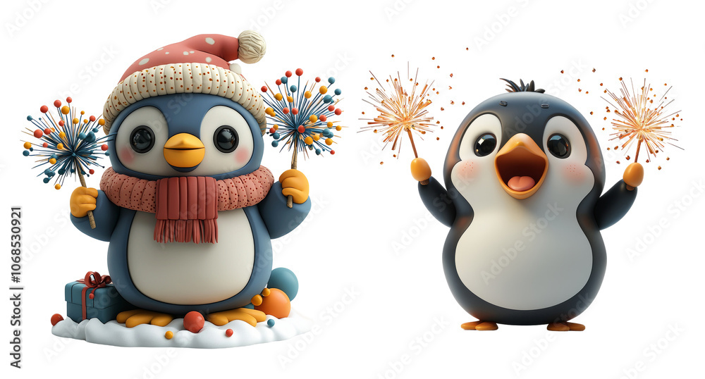 Fototapeta premium Cute Penguin Characters with Sparklers for Celebration