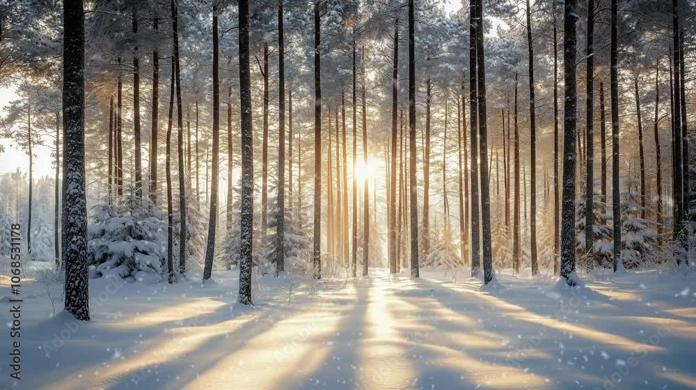 Snowfall in Serene Winter Forest Landscape, Tall Snow-Covered Pine Trees, Soft Sunlight Filtering Through Branches, Untouched Snow on the Ground
Snowfall in Serene Winter Forest Landscape, Tall Snow-Covered Pine Trees, Soft Sunlight Filtering Through Branches, Untouched Snow on the Ground