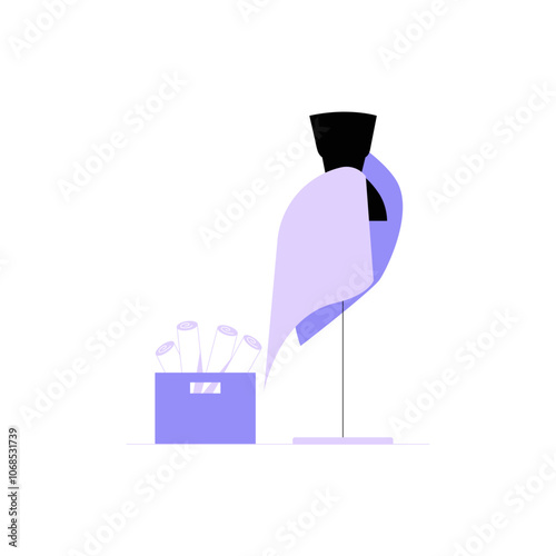 Designer Dress On Mannequin With Fabrics In Flat Vector Illustration Symbolizing Couture, Fashion Design, And Style, Isolated On White Background