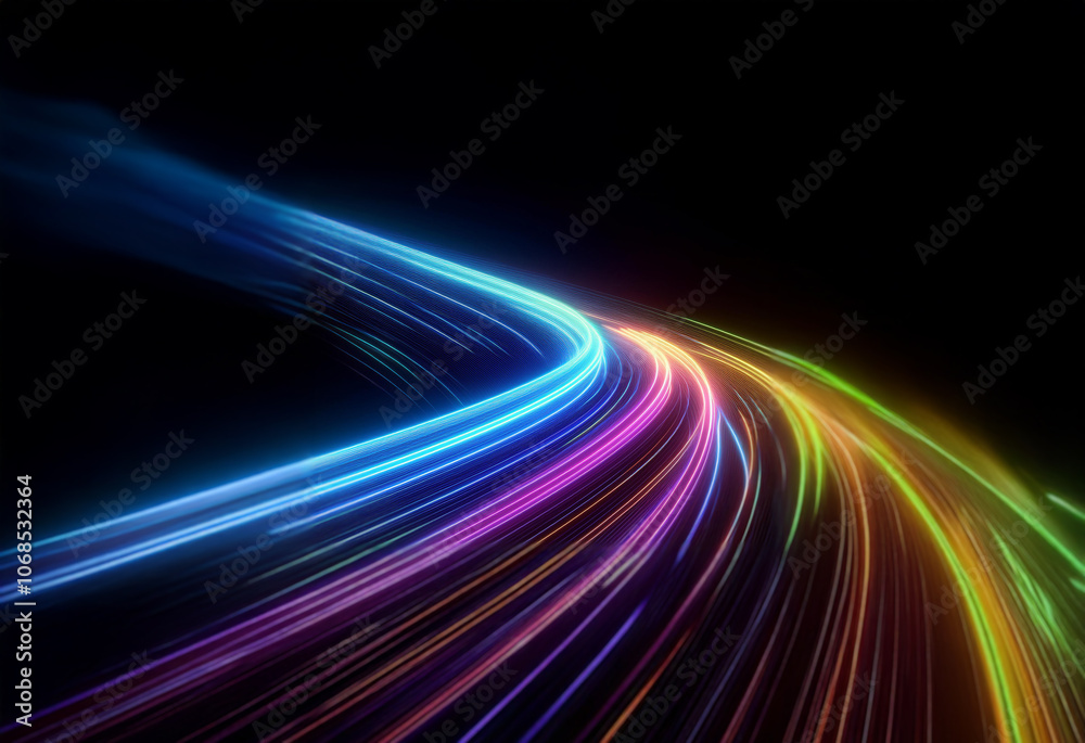 A vibrant, colorful light trail curves across a black background, resembling a winding road or a fast-moving object. A vibrant, colorful light trail curves across a black background, resembling a winding road or a fast-moving object.