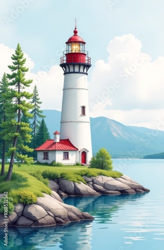 Illustration, postcard lighthouse on the shore on a summer day. Wallpaper, screensaver. Vertical image.