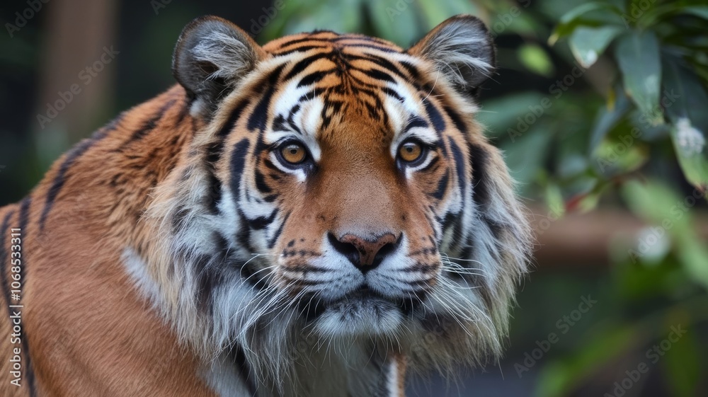 Endangered tiger portrait with mane on green foliage for wildlife conservation poster Endangered tiger portrait with mane on green foliage for wildlife conservation poster