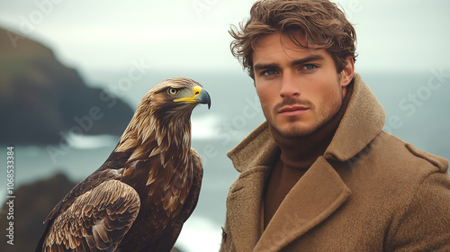 Handsome young man with golden eagle on the background of sea
