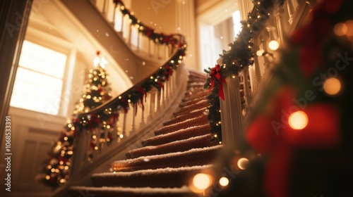 Indoor Christmas Scene with Grand Staircase