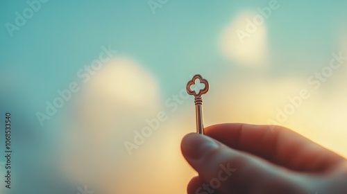 Hand Holding Shiny Golden Key in a Dreamy Scene photo