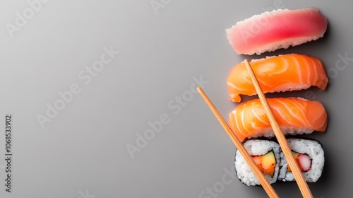 Assorted Fresh Sushi with Chopsticks photo