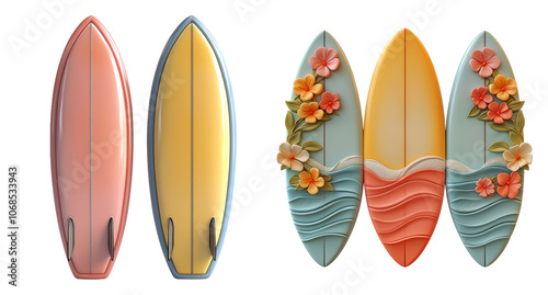 Colorful Surfboards with Floral Designs and Waves