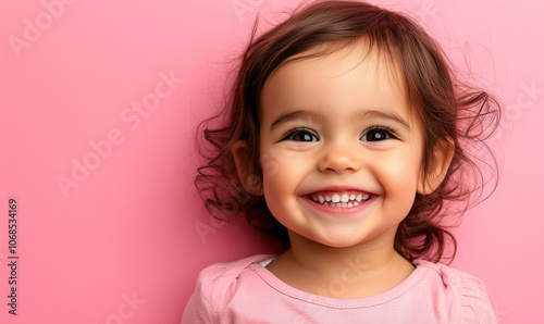 Adorable Smiling Girl Against a Soft Pink Background