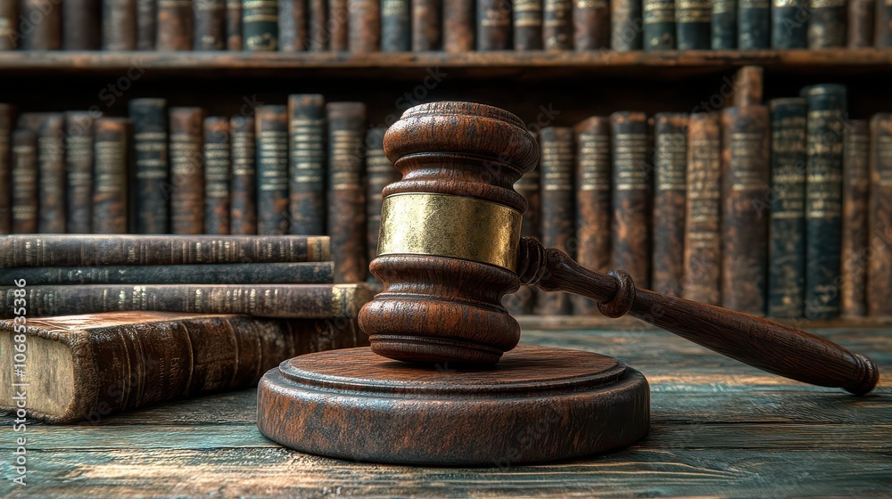 conceptual image of a courtroom gavel symbolizing law and authority, set against a backdrop of legal books and documents, embodying the essence of justice and legislative power conceptual image of a courtroom gavel symbolizing law and authority, set against a backdrop of legal books and documents, embodying the essence of justice and legislative power