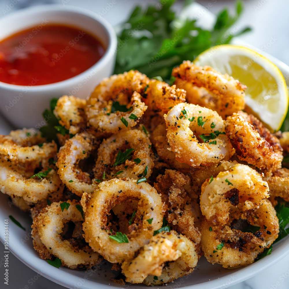 Crispy Fried Calamari with Marinara Sauce and Lemon - Classic Seafood Appetizer