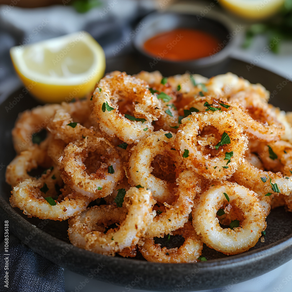 Crispy Fried Calamari with Marinara Sauce and Lemon - Classic Seafood Appetizer Crispy Fried Calamari with Marinara Sauce and Lemon - Classic Seafood Appetizer