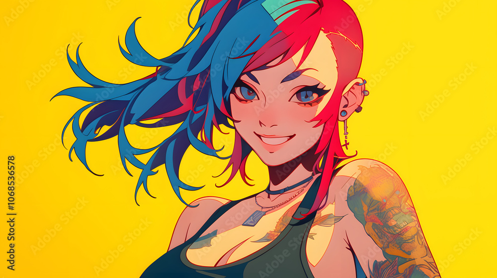 Anime-style woman with red-blue hair, colorful tattoos, yellow background. Anime-style woman with red-blue hair, colorful tattoos, yellow background.