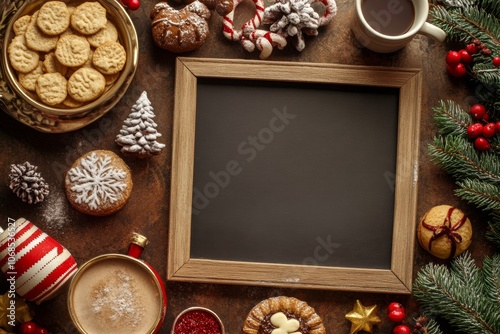 A warm and inviting holiday table is adorned with cookies, candies, and decorations, featuring a blank frame for festive messages or photos. А blank frame.