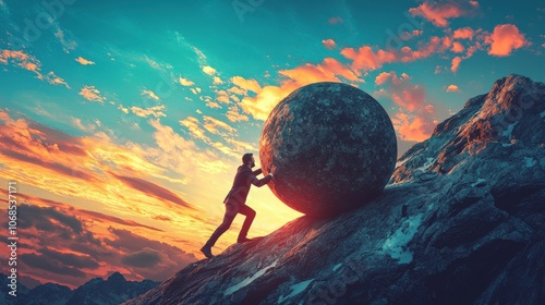 A determined man exerts effort pushing a large boulder uphill amidst a stunning sunset, symbolizing perseverance and struggle in a picturesque outdoor setting.