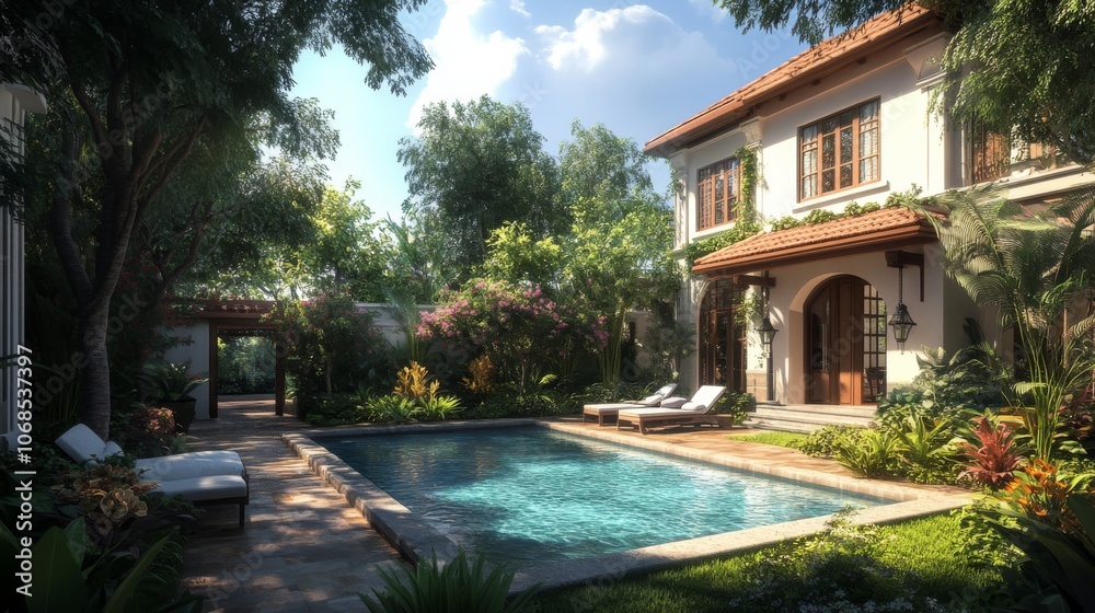 Obraz premium Charming Mediterranean Villa with Lush Garden and Pool