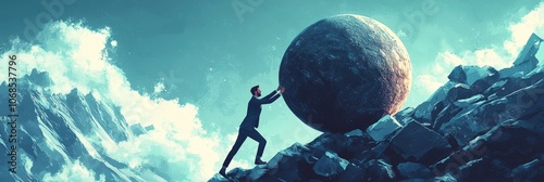 A silhouetted figure strains against a massive sphere on a rocky incline beneath a vast, cloudy sky, representing the timeless struggle of man against adversity. photo