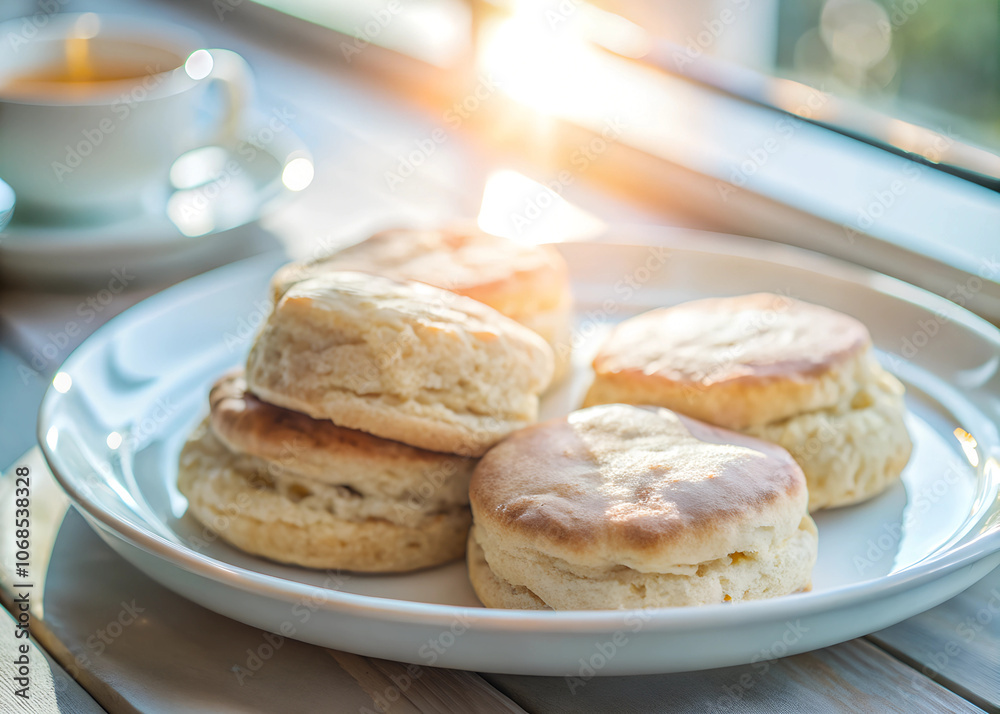Side-shot of golden-brown biscuits on a white plate, butter melting on top, with sunlight streaming from a nearby window for a cozy, homey atmosphere Side-shot of golden-brown biscuits on a white plate, butter melting on top, with sunlight streaming from a nearby window for a cozy, homey atmosphere