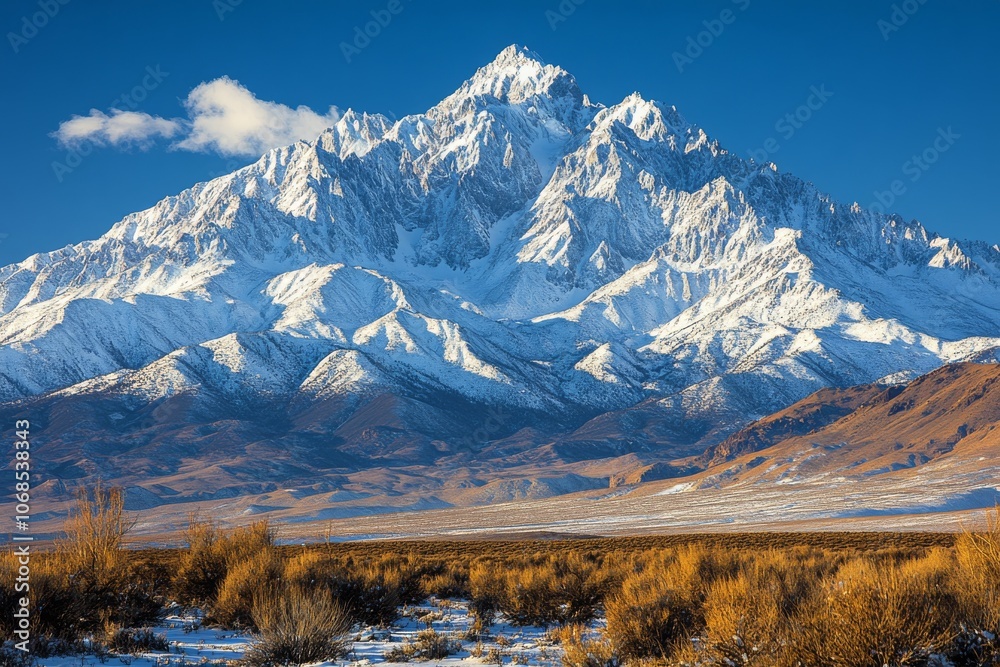 Majestic snowy mountain range under a clear blue sky. Generative AI Majestic snowy mountain range under a clear blue sky. Generative AI
