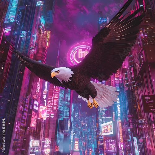 Low-angle view of a majestic eagle soaring through a neon-lit cityscape, showcasing animal behavior intertwined with futuristic technology, vibrant colors, photorealistic style photo