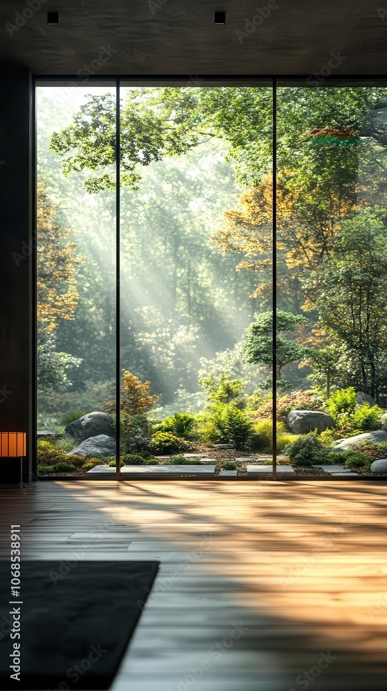 minimalist interior with large glass windows framing a serene garden view natural light pouring in creating a tranquil atmosphere of modern elegance minimalist interior with large glass windows framing a serene garden view natural light pouring in creating a tranquil atmosphere of modern elegance