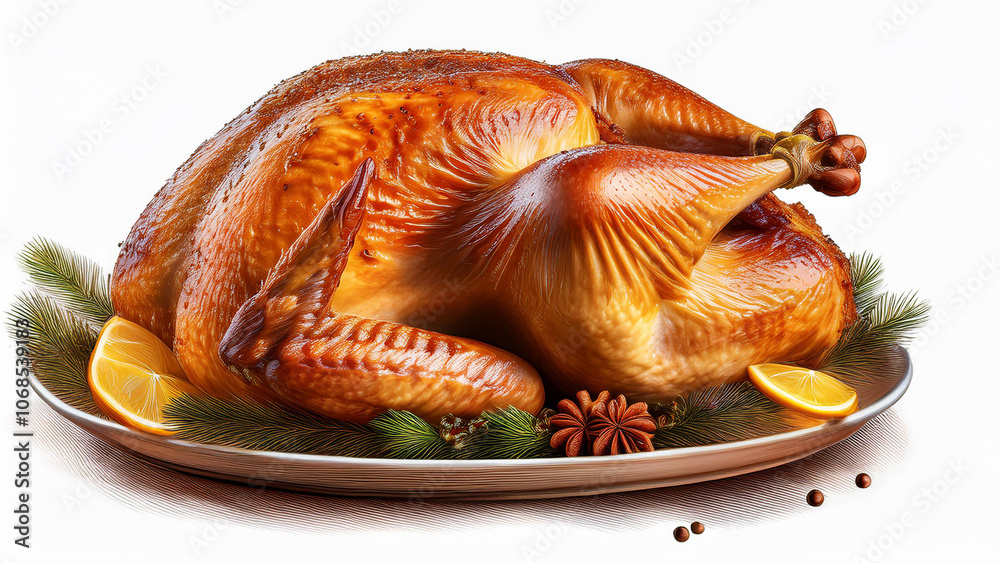 Golden roasted Christmas turkey on a white background. PNG transparent.