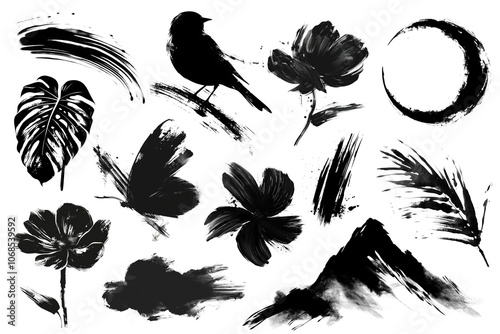 PNG ink brush stoke element set, transparent background