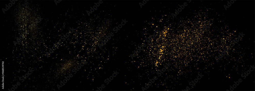 Naklejka premium Gold glitter sparkle dust texture on black background. Wide vector sparkling stardust banner. Golden dust bg. Shiny abstract confetti backdrop. Magical sparkling particles background