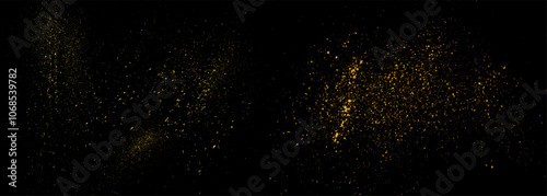 Gold glitter sparkle dust texture on black background. Wide vector sparkling stardust banner. Golden dust bg. Shiny abstract confetti backdrop. Magical sparkling particles background