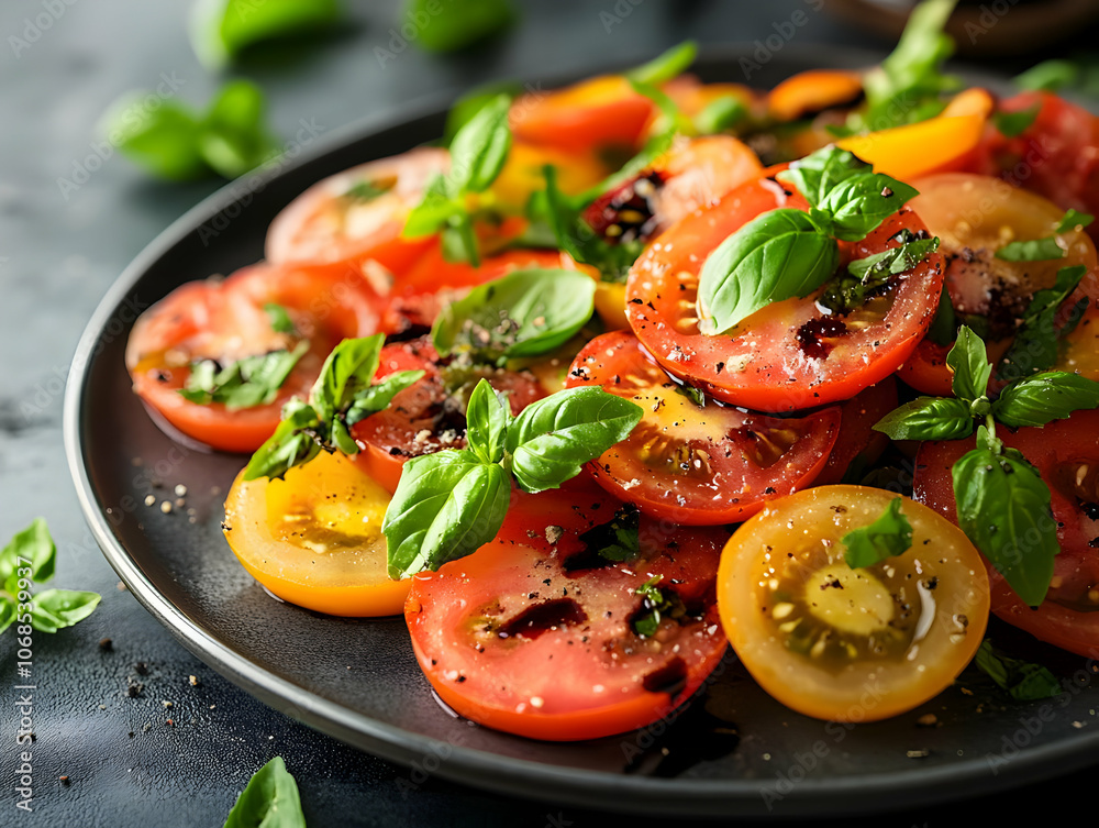Photo, Fresh Tomato and Basil Salad with Balsamic Glaze Photo, Fresh Tomato and Basil Salad with Balsamic Glaze