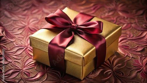 A golden gift box adorned with a rich burgundy satin ribbon, resting on a luxurious textured fabric with an intricate floral pattern.