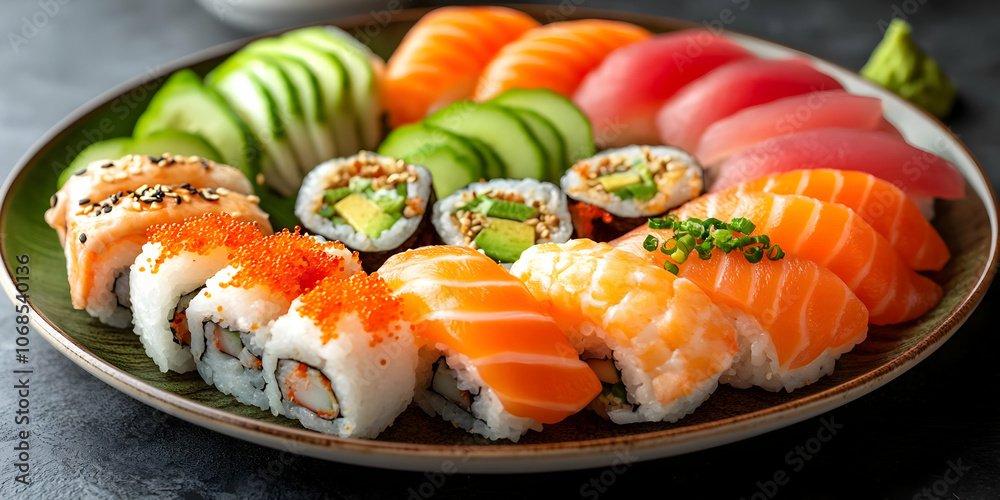 Photo: Sushi Platter with Salmon Nigiri, Sashimi, and Maki Rolls Photo: Sushi Platter with Salmon Nigiri, Sashimi, and Maki Rolls