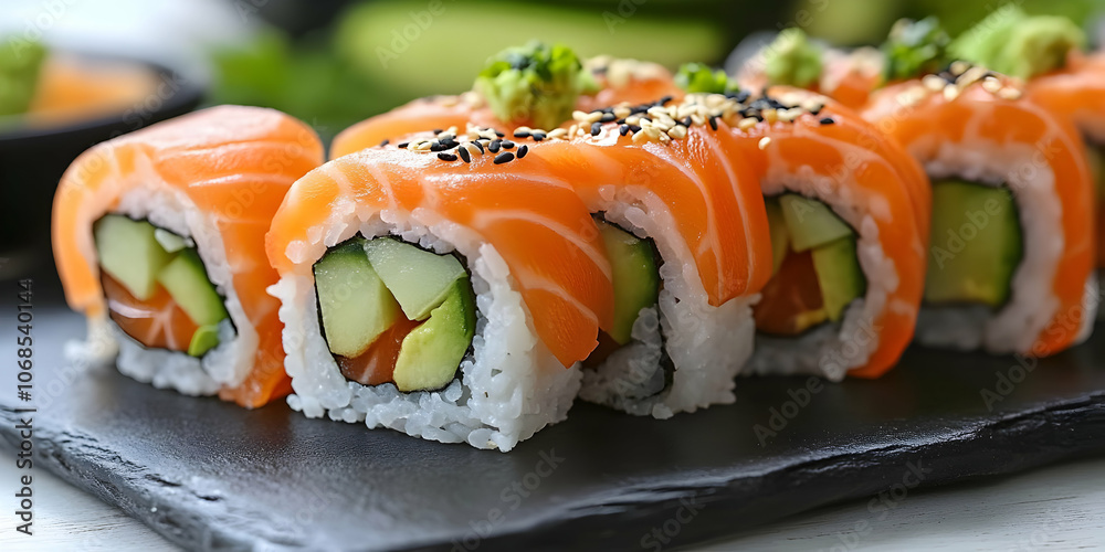 Photo Salmon Sushi Rolls Cucumber Avocado Sesame Seeds Japanese Cuisine Photo Salmon Sushi Rolls Cucumber Avocado Sesame Seeds Japanese Cuisine