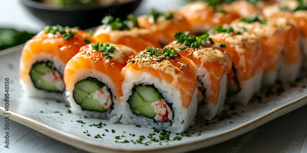 Photo Salmon Cucumber Uramaki Sushi Rolls Sesame Seeds Photo Salmon Cucumber Uramaki Sushi Rolls Sesame Seeds