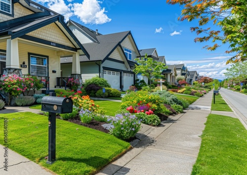 Houses in a neighborhood with a mailbox in the street photo