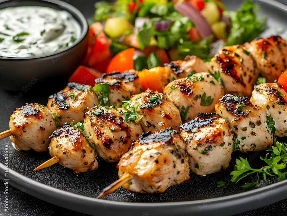 Photo Grilled Chicken Skewers, Salad, Yogurt Dip Photo Grilled Chicken Skewers, Salad, Yogurt Dip