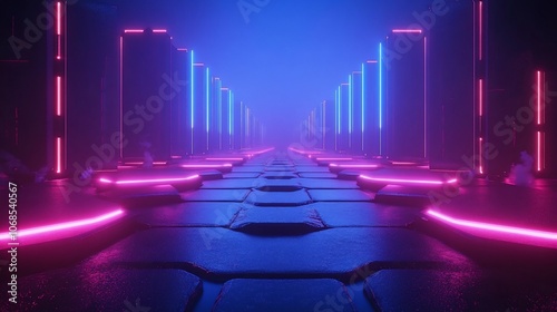 Fototapeta Naklejka Na Ścianę i Meble -  Futuristic neon light tunnel with pink and blue glowing lines.