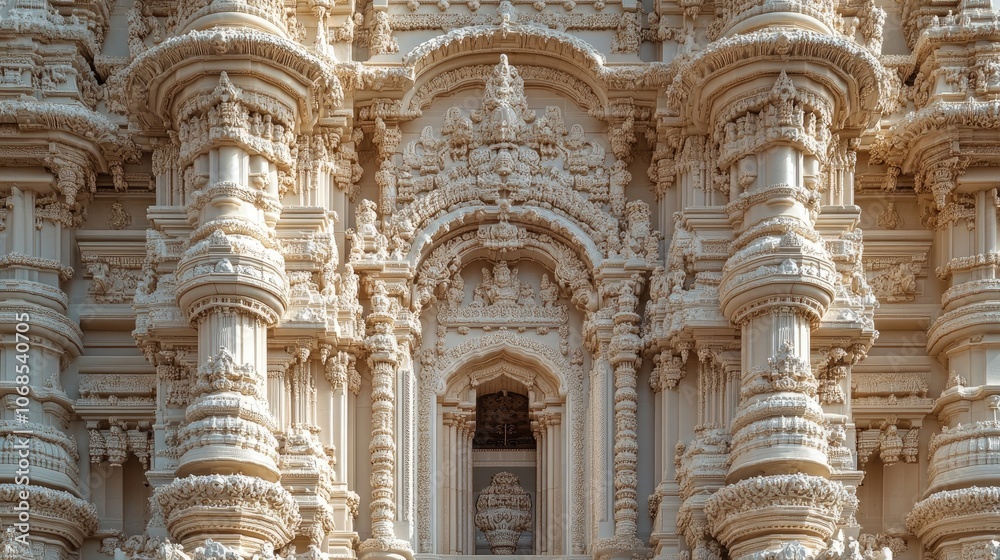 Intricate carvings adorn the facade of a white temple, showcasing the artistry and detail of religious architecture. Intricate carvings adorn the facade of a white temple, showcasing the artistry and detail of religious architecture.