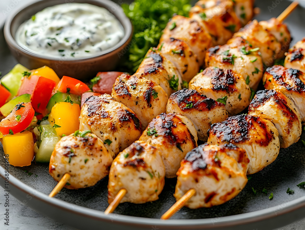 Photo Grilled Chicken Skewers, Tzatziki Sauce, Salad Photo Grilled Chicken Skewers, Tzatziki Sauce, Salad