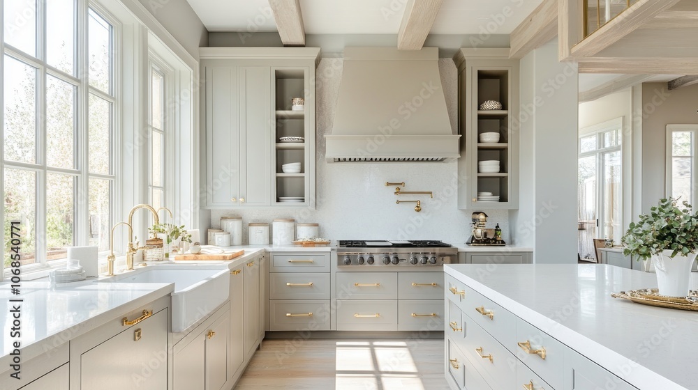 Fototapeta premium Modern Kitchen with White Cabinets and Gold Hardware