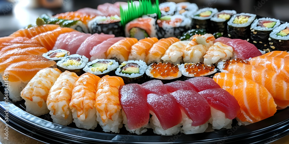 Photo Assorted Sushi Platter Tuna Salmon Shrimp Roe Photo Assorted Sushi Platter Tuna Salmon Shrimp Roe