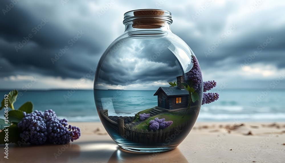 Beautiful Double Exposure of a Stormy Sea Inside a Glass Vase Blending with a Cottage Home in a Bottle Capturing Nature’s Fury and Serenity Beautiful Double Exposure of a Stormy Sea Inside a Glass Vase Blending with a Cottage Home in a Bottle Capturing Nature’s Fury and Serenity