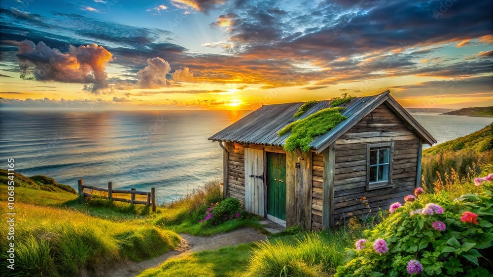 A weathered wooden cabin perched on a grassy clifftop overlooking a vast ocean, bathed in the golden glow of a dramatic sunset.