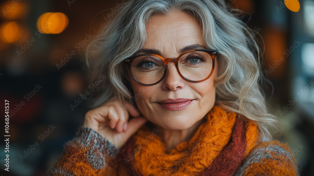 A woman with glasses and a scarf is smiling. She looks happy and content. Concept of warmth and comfort, as the woman is wearing a cozy scarf and has a friendly expression A woman with glasses and a scarf is smiling. She looks happy and content. Concept of warmth and comfort, as the woman is wearing a cozy scarf and has a friendly expression