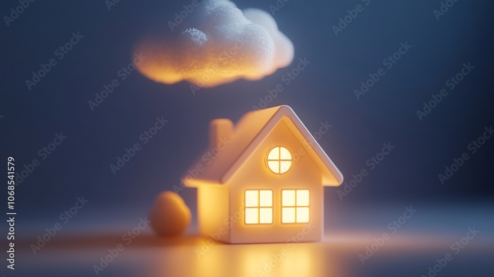A small white house with glowing windows sits under a fluffy cloud. A small white house with glowing windows sits under a fluffy cloud.