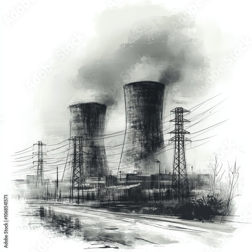 Detailed Hand-Drawn Cooling Towers in Foggy Landscape