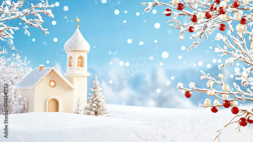 serene winter scene with snow covered church and festive branches adorned with red berries, set against snowy landscape and clear blue sky